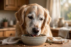 Senior golden retriever eating from a food bowl
