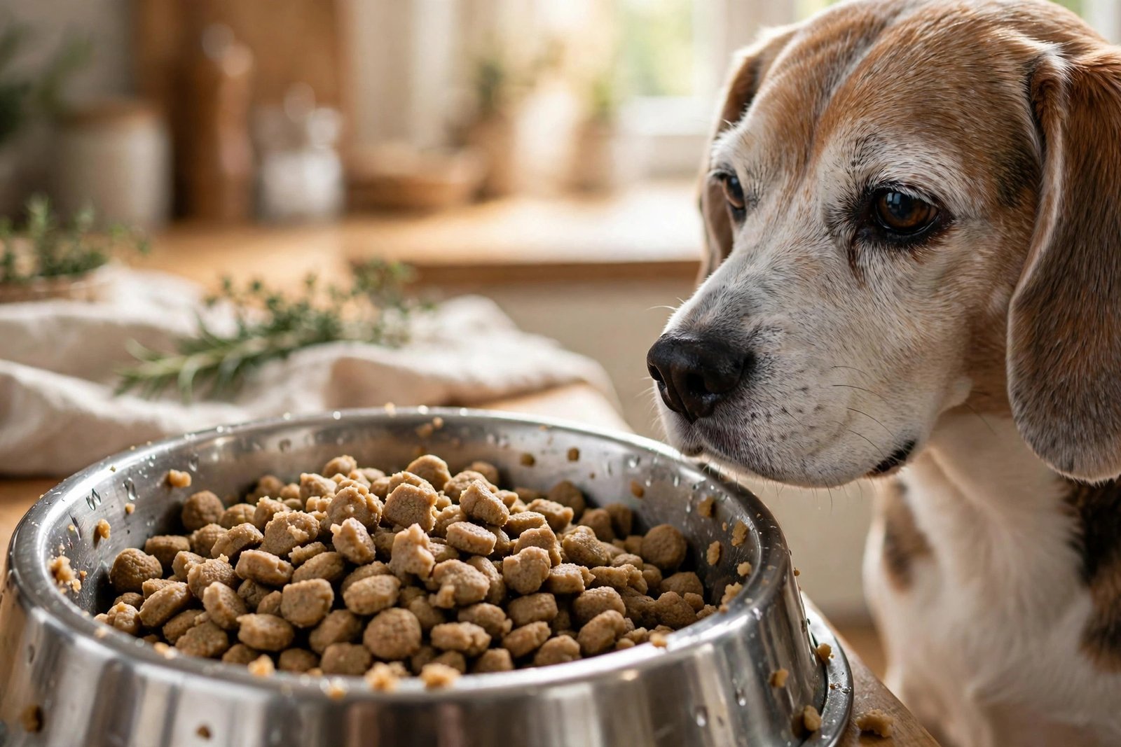 Soft senior dog kibble with an old beagle