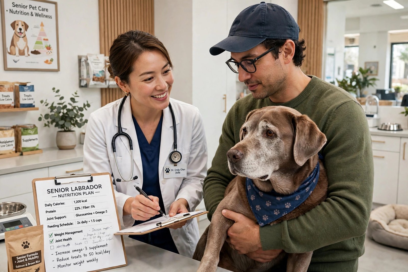 Veterinarian discussing nutrition for a senior dog