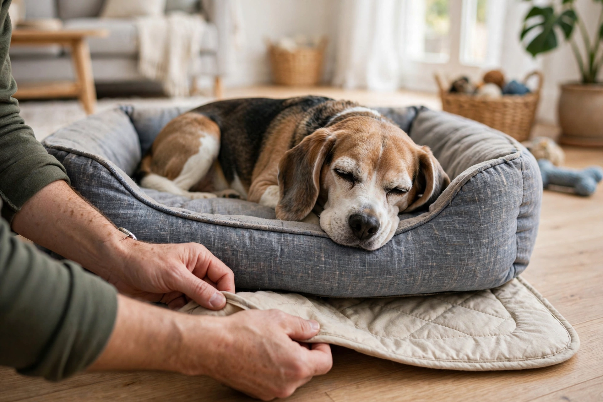 Man placing a washable pee pad under a senior dog's bed