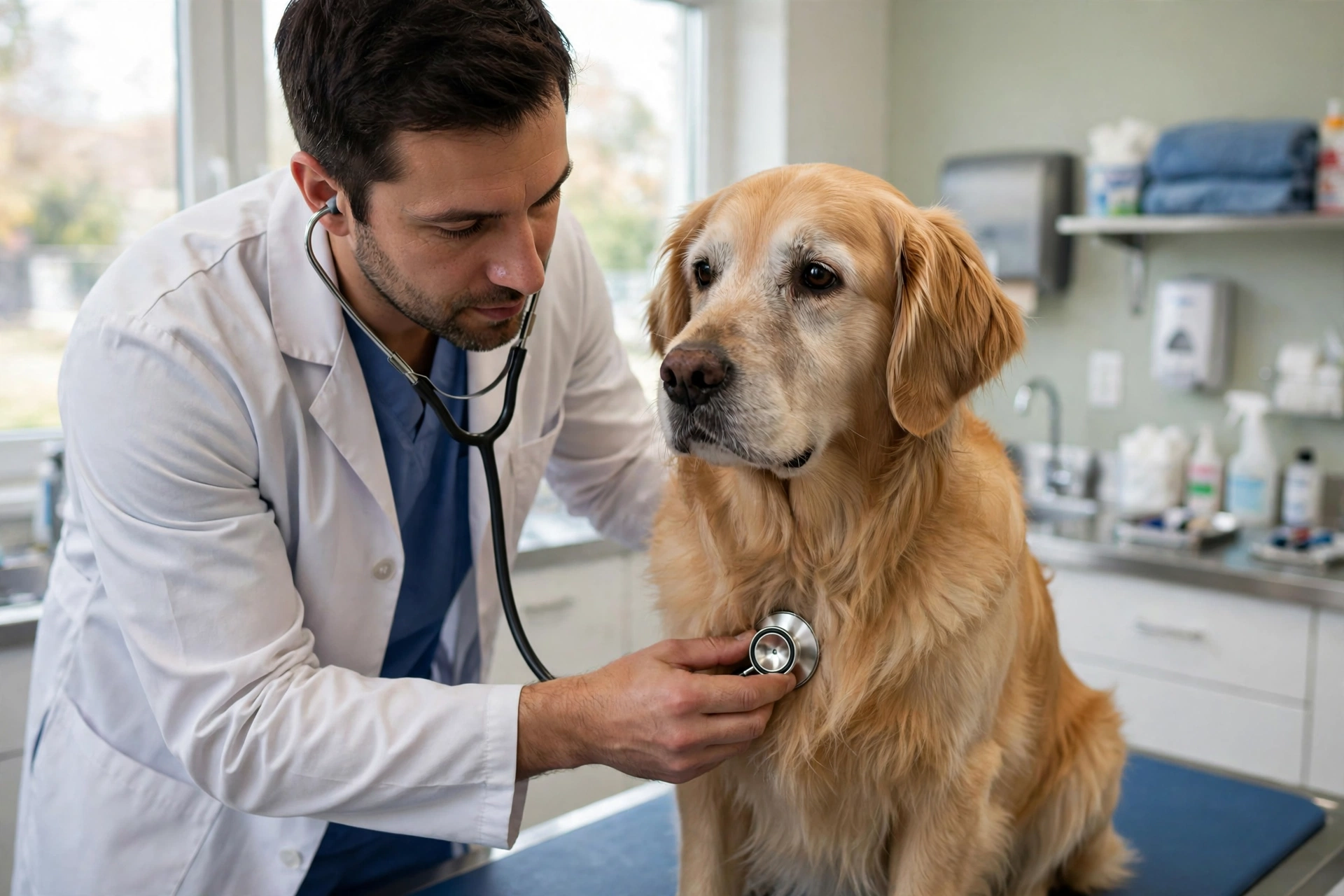 Male veterinarian examining a senior dog with a stethoscope