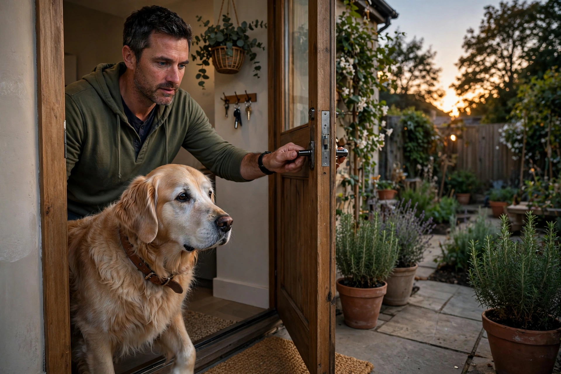 Man letting a senior dog out into the garden at dusk