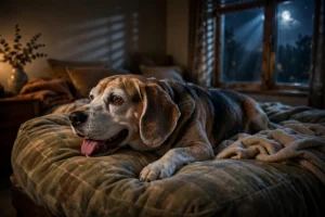Senior beagle panting at night on a dog bed