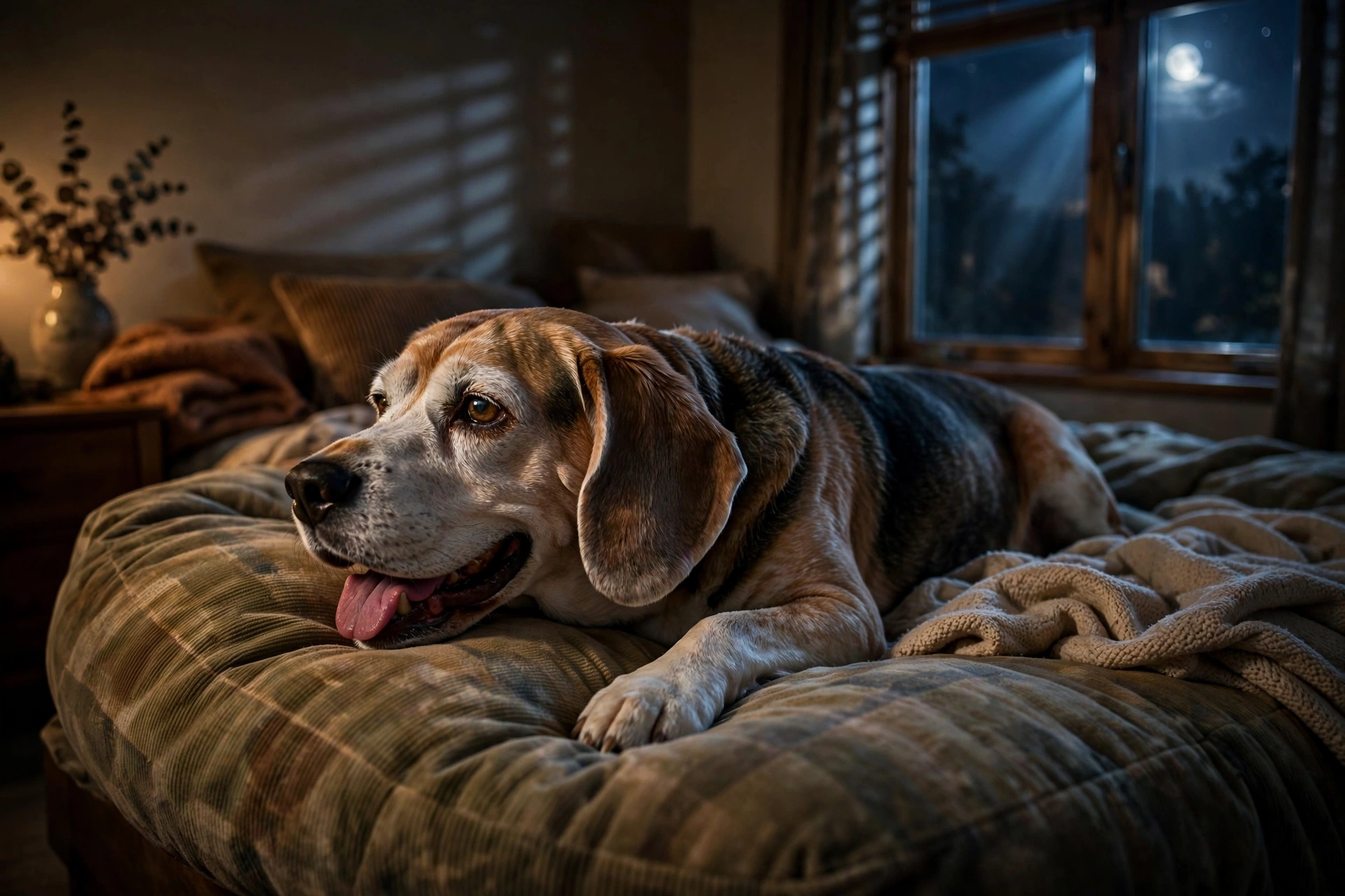 Senior beagle panting at night on a dog bed