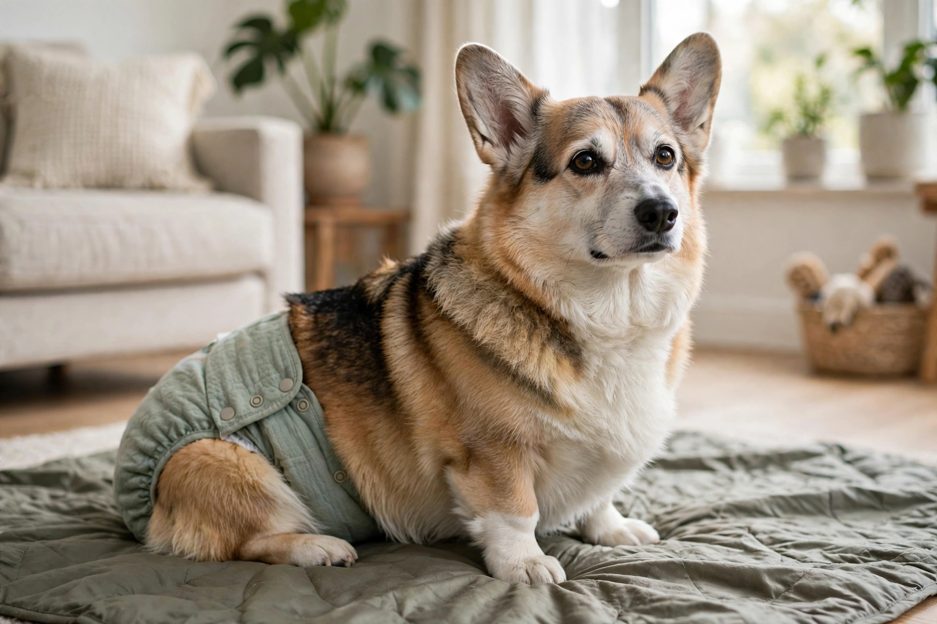 Senior corgi wearing a washable dog diaper
