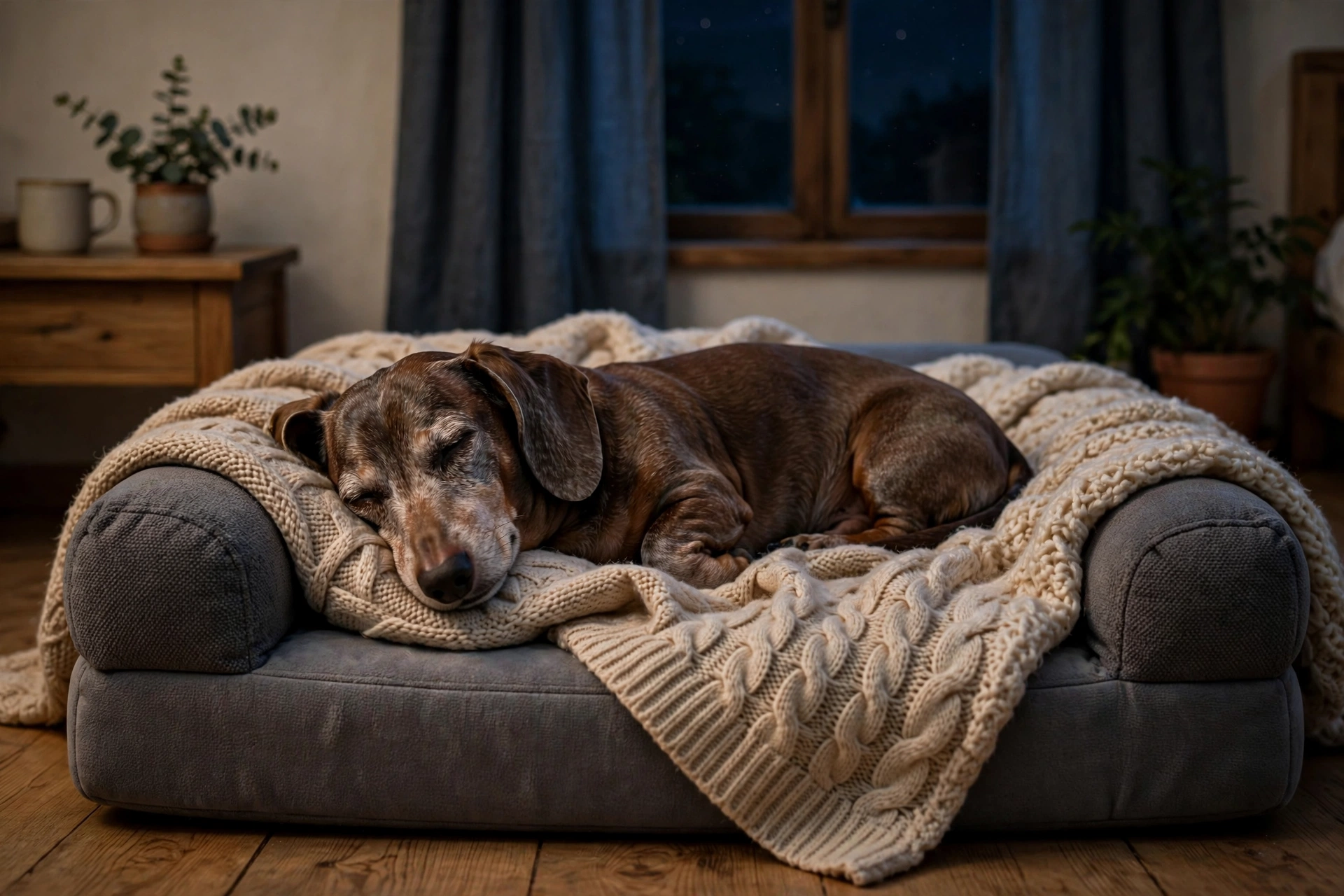 Senior dog sleeping peacefully on an orthopedic bed