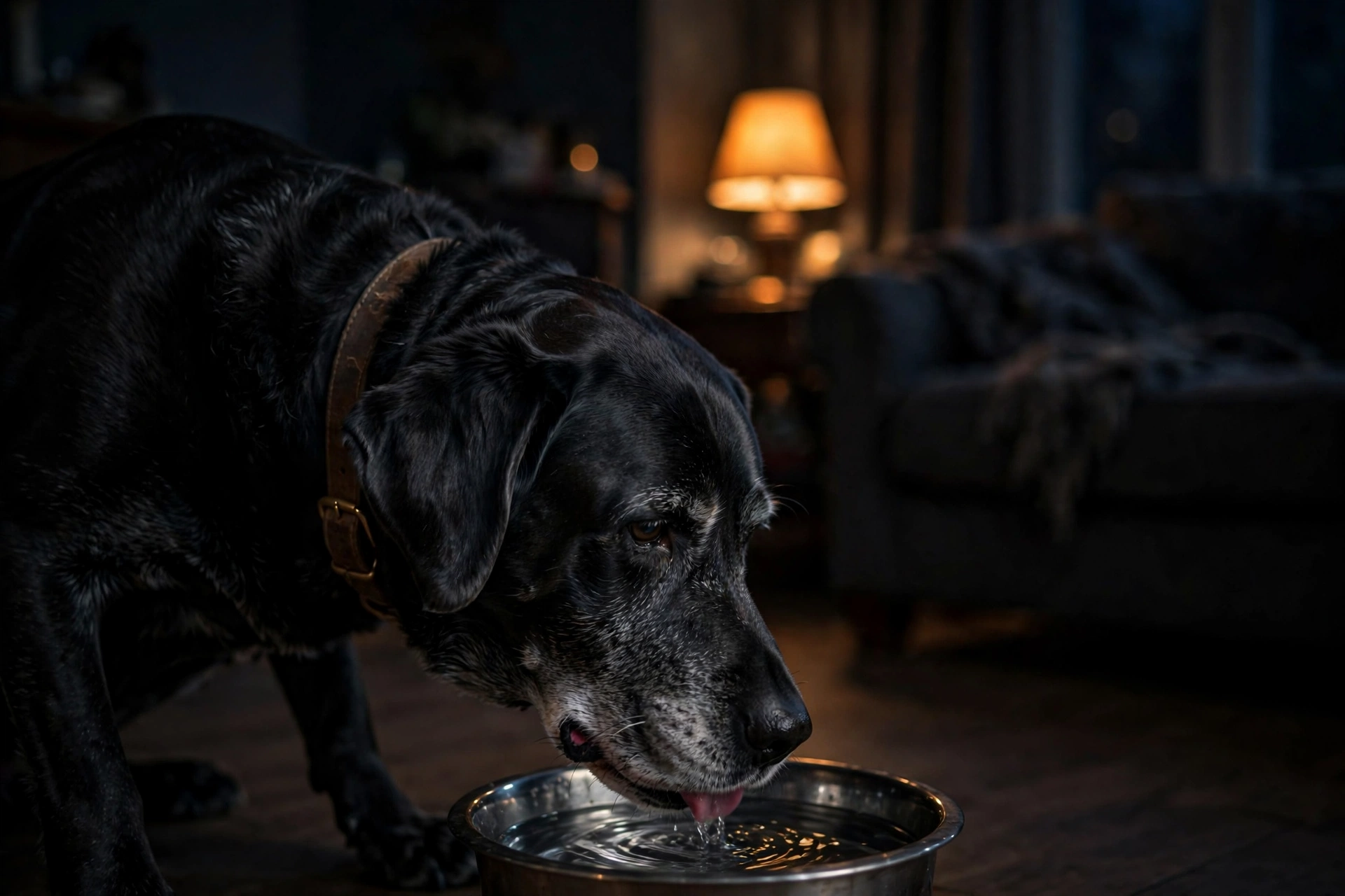 Senior labrador drinking water at night